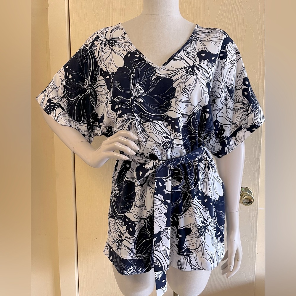 Navy and White Romper with pockets and belt